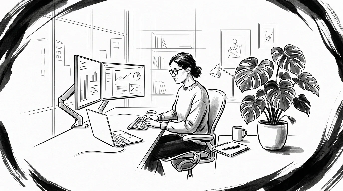 Illustrated workspace with a desk, computer, and plants